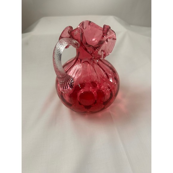 Fenton Cranberry Glass Pitcher Ruffled Rim Applied Reeded Handle Optic Rib Red - Picture 3 of 13
